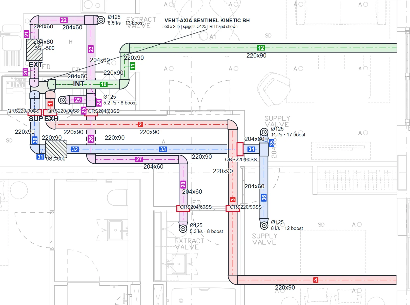 SAMPLE duct layout drawing of a one-bedroom flat: supply, extract, intake and exhaust ducts, each piece numbered (supply pieces 30 to 36), valves with their airflows, the unit and two silencers.