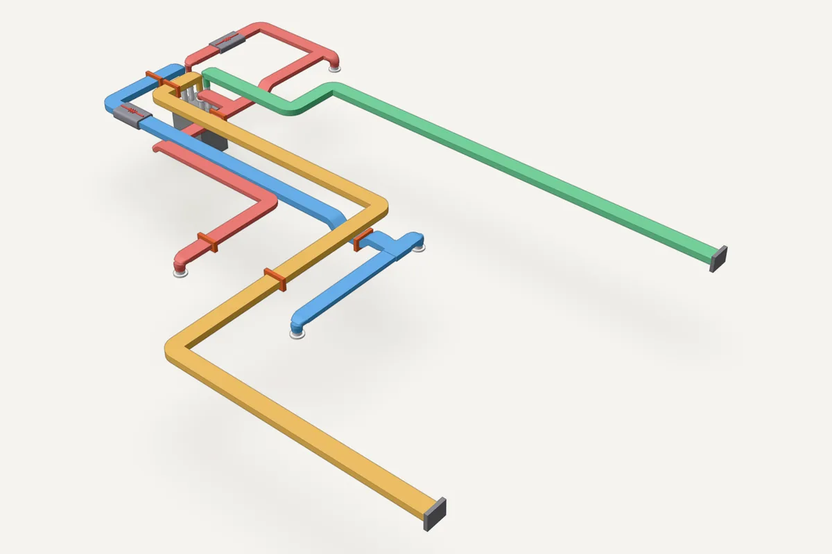 3D model of a sample MVHR design: the unit with its supply and extract ducts, silencers and fire collars.